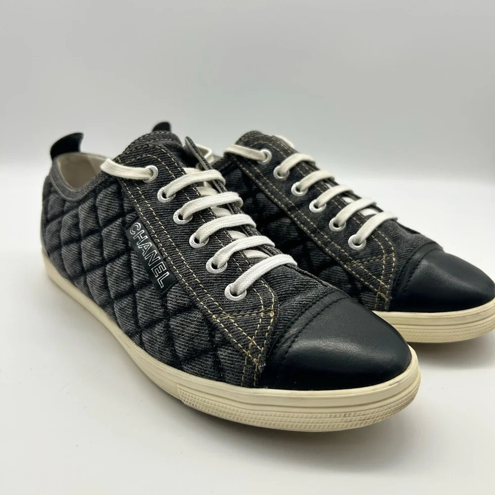 Chanel quilted denim leather lined low top sneakers shoes authentic 38
